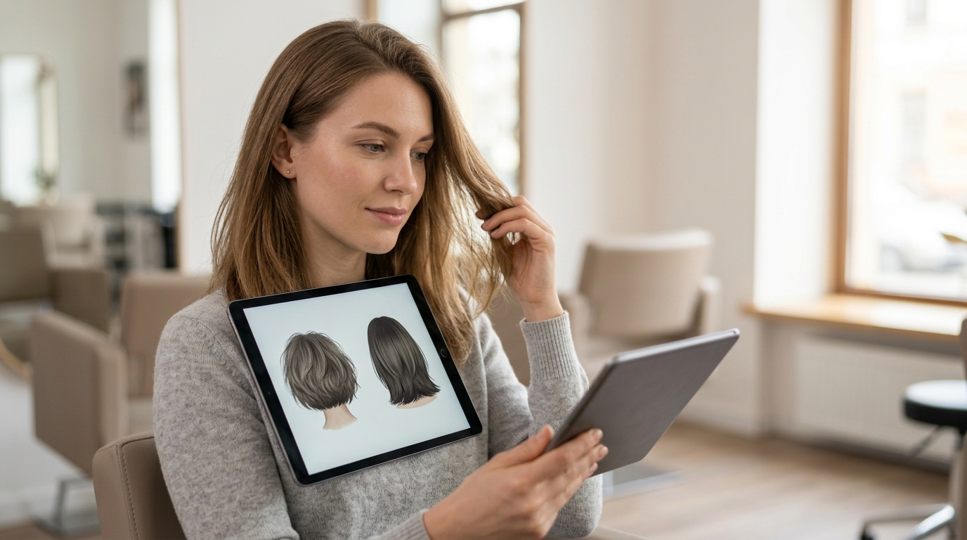 Western adult woman comparing realistic fuller-looking haircut options for fine hair