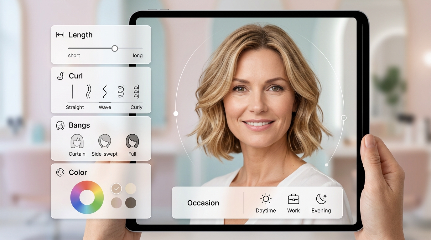 Western adult person using HairPreview's 15-parameter AI hairstyle engine with hairstyle length, curl, bangs, color, and occasion controls.