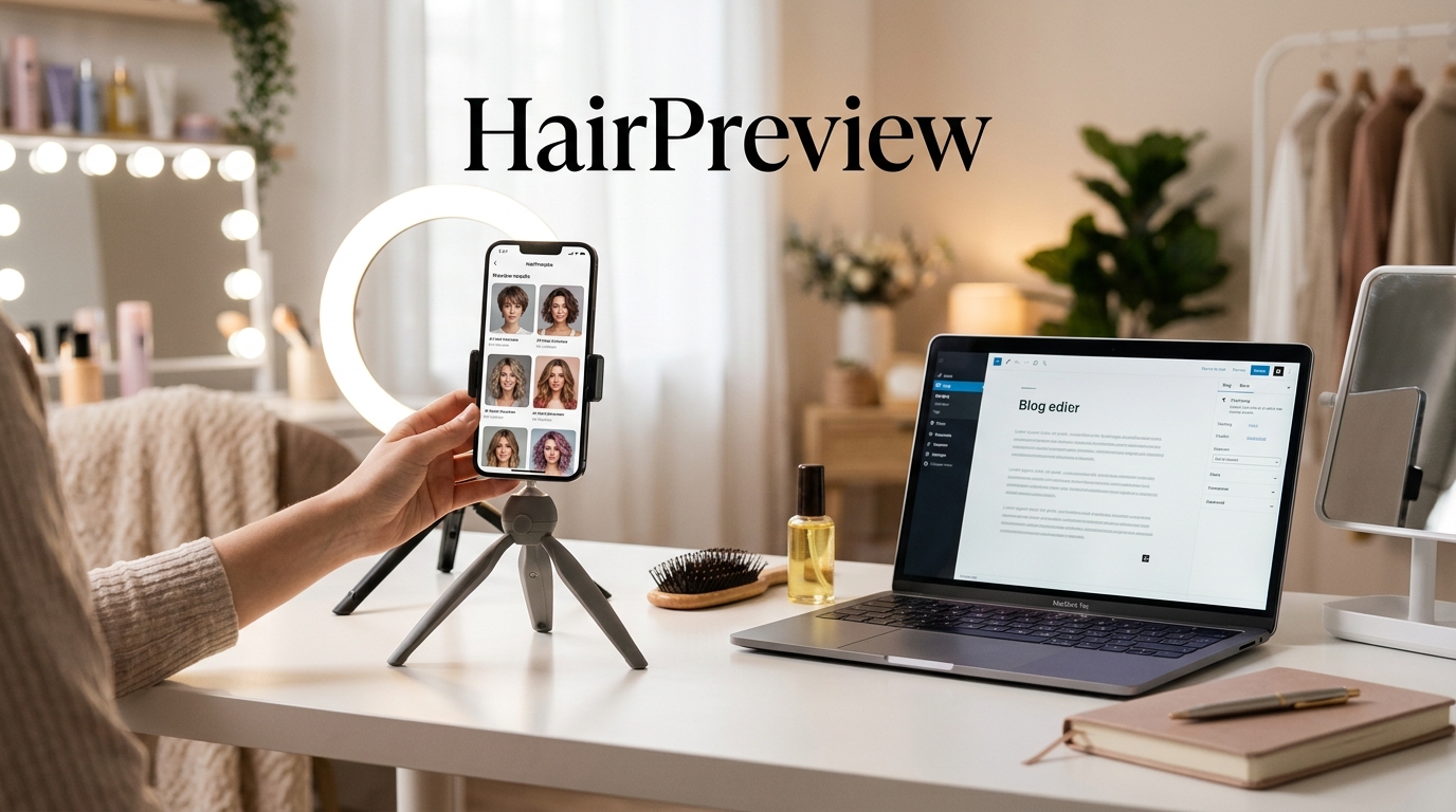 Creator workspace with a phone showing AI hairstyle preview results for a HairPreview partnership article.