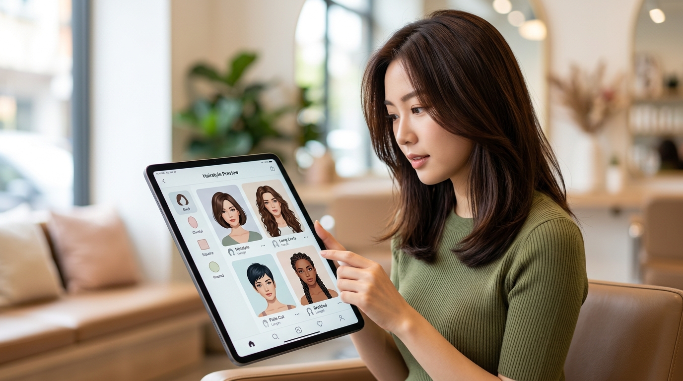 A person using an AI hairstyle preview tool on a tablet, seeing different virtual hairstyles on a model's face, representing a helpful guide.