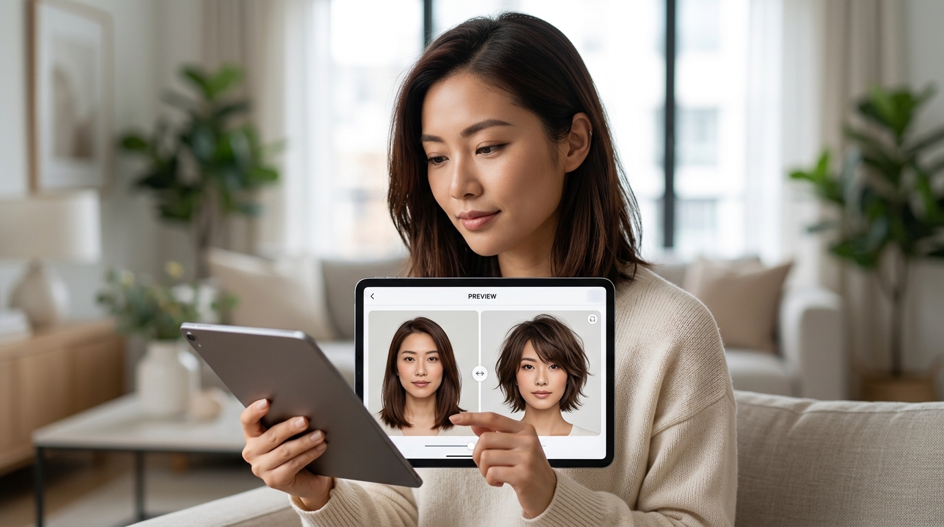 A person viewing AI hairstyle previews on a tablet, showing their original photo next to a simulated new haircut.