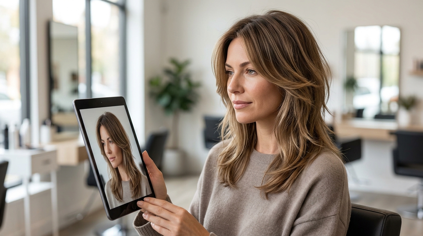 Western adult woman previewing a soft modern shag haircut before a salon visit